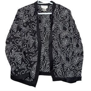 Vintage Black White Linen Blend Embroidered Open Front Cardigan Jacket Top Mediu